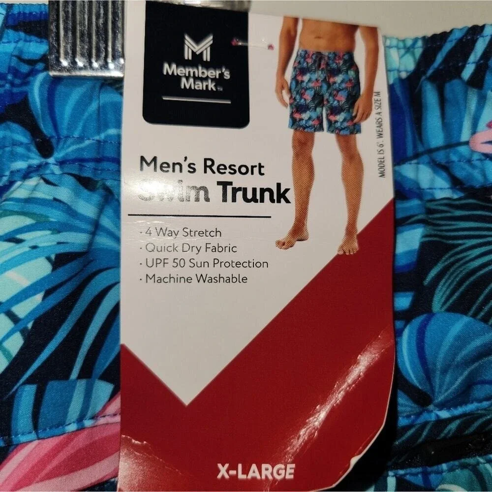 Member's Mark Men's Resort Swim‎ Trunk Flamingo Tropical Leaf Print XL